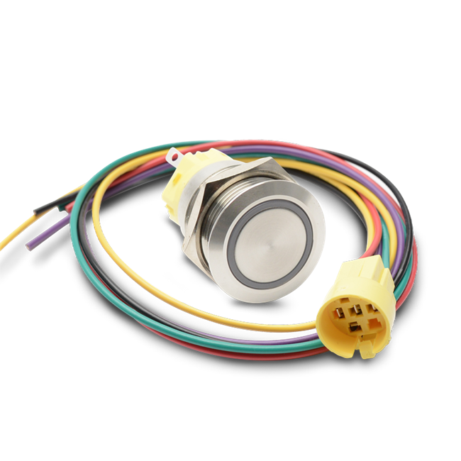 Round Push Button - Waterproof Switch - 19mm Momentary with Harness Latching Lighted Blue Stainless 12VDC - Silver