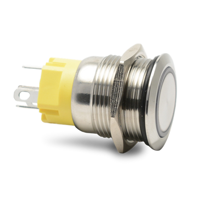 Round Push Button - Waterproof Switch - 19mm Latching Lighted Blue Stainless 12VDC