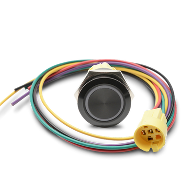 Round Push Button - Waterproof Switch - 19mm Momentary with Harness Latching Lighted Blue Stainless 12VDC - Black