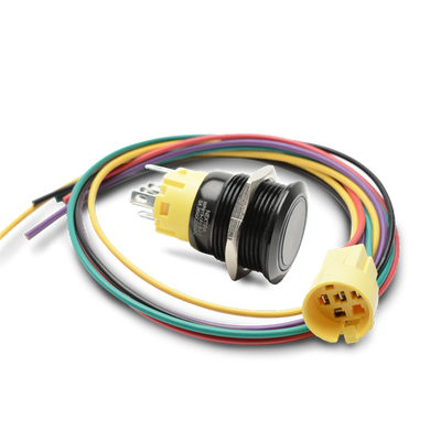 Round Push Button - Waterproof Switch - 19mm Momentary with Harness Latching Lighted Blue Stainless 12VDC - Black