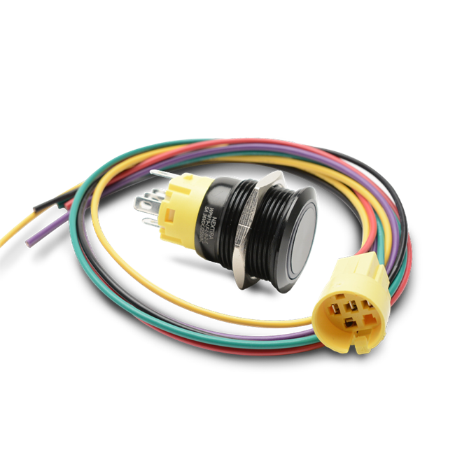 Round Push Button - Waterproof Switch - 19mm Momentary with Harness Latching Lighted Blue Stainless 12VDC - Black